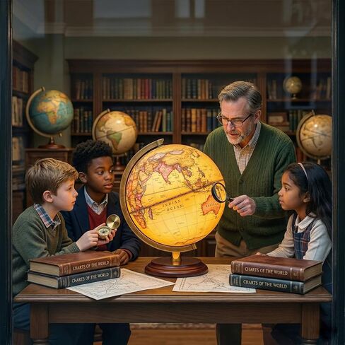 World Globe with Weighted Solid Wood Base - 8" HD Printing Illuminated Antique Desk Decor - Flicker-Free Eye-Care LED Light Up Vintage Globe - Sturdy Metal Meridian World Sphere for Adults & Kids in Saudi Arabia