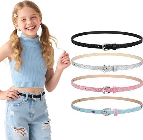 WERFORU Kids PU Leather Skinny Belt for Girls Boys Teen Child Thin Shiny Glitter Waist Belt for Jeans Dress in Kuwait