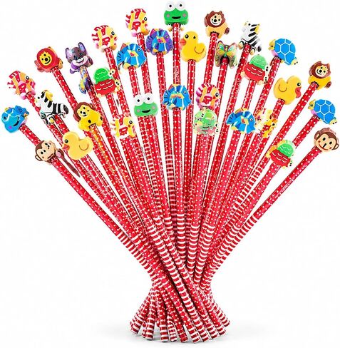 Etmact 50 Pack Assorted Colorful Cartoon Animal Pencil With Erasers, Fun Pencils For Kids, Bulk Pencils With Animal Eraser Toppers,Party Favor Pencils For Kids Novelty Pencils in Kuwait