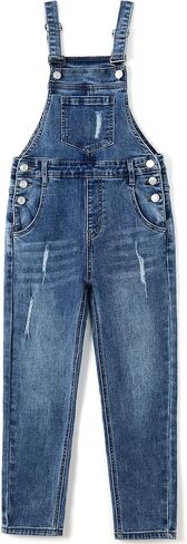 KIDSCOOL SPACE Girls Ripped Denim Overalls,3 Buttons Ripped Elastic Band Inside Jeans Jumpsuit in Kuwait