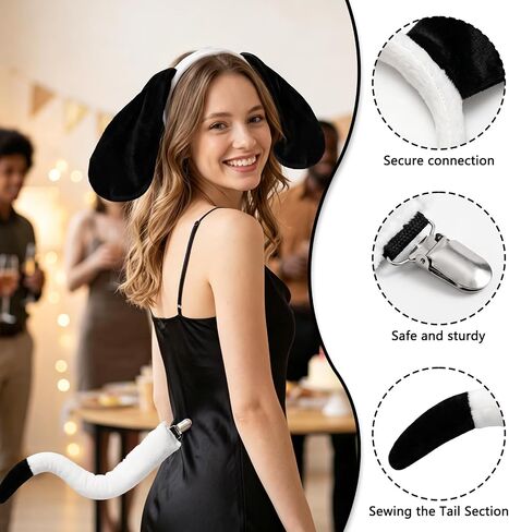 Beviliu Dog Ears Headband and Tail Set, Puppy Dog Ears Costume Black White in Saudi Arabia
