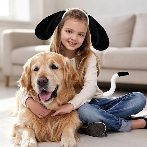 Beviliu Dog Ears Headband and Tail Set, Puppy Dog Ears Costume Black White in Saudi Arabia