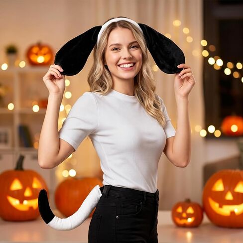 Beviliu Dog Ears Headband and Tail Set, Puppy Dog Ears Costume Black White in Saudi Arabia
