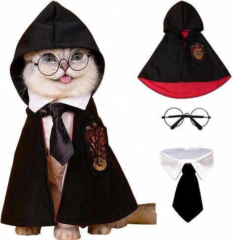 Small Dog Halloween Costumes - Adjustable Dog Cat Wizard Costume,Pet Hooded Cape Glasses Necktie Set,Puppy Kitten Halloween Costumes Boy Girl,Chihuahua Yorkie Clothes,Black Red Magician Cosplay Outfit in Kuwait