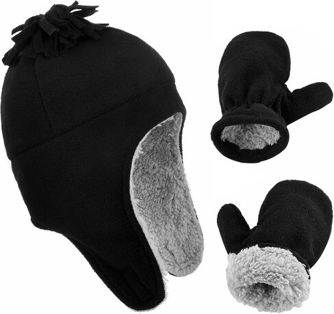 Toddler Winter Hat with Mitten Set - Baby Kids Warm Fleece Cap Set with Ear Flaps in Kuwait