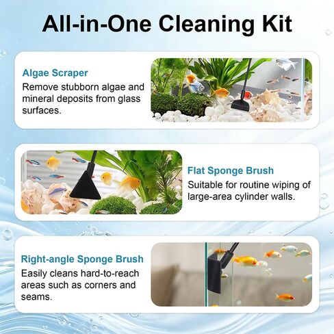 DaToo Small Aquarium Cleaner Fish Tank Cleaner 3 Interchangeable Heads 3 in 1 Cleaning Tools with Algae Scraper & Flat Sponge & Corner Sponge in Kuwait