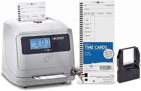 Pyramid Time Systems Model 4000 Auto Totaling Time Clock, 50 Employees, Includes 25 time Cards, Ribbon, 2 Security Keys and User Guide, Made in USA, Silver, "7.25""h x 7""w x 6.75"" d" in Kuwait