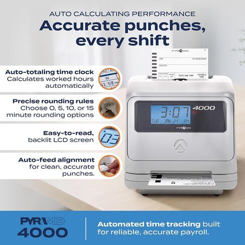 Pyramid Time Systems Model 4000 Auto Totaling Time Clock, 50 Employees, Includes 25 time Cards, Ribbon, 2 Security Keys and User Guide, Made in USA, Silver, "7.25""h x 7""w x 6.75"" d" in Kuwait