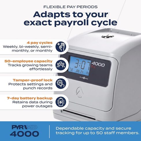 Pyramid Time Systems Model 4000 Auto Totaling Time Clock, 50 Employees, Includes 25 time Cards, Ribbon, 2 Security Keys and User Guide, Made in USA, Silver, "7.25""h x 7""w x 6.75"" d" in Kuwait