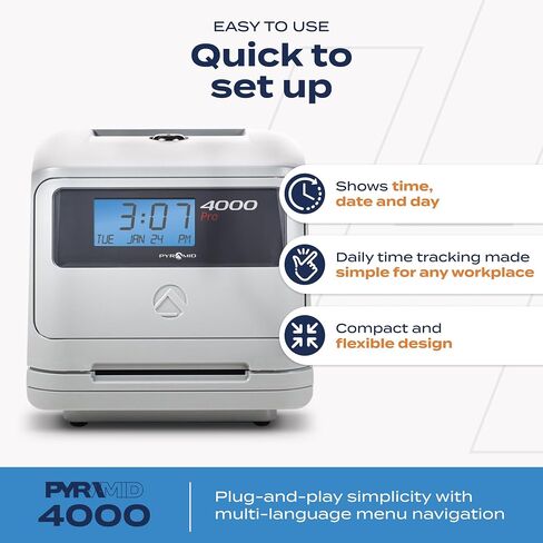 Pyramid Time Systems Model 4000 Auto Totaling Time Clock, 50 Employees, Includes 25 time Cards, Ribbon, 2 Security Keys and User Guide, Made in USA, Silver, "7.25""h x 7""w x 6.75"" d" in Kuwait
