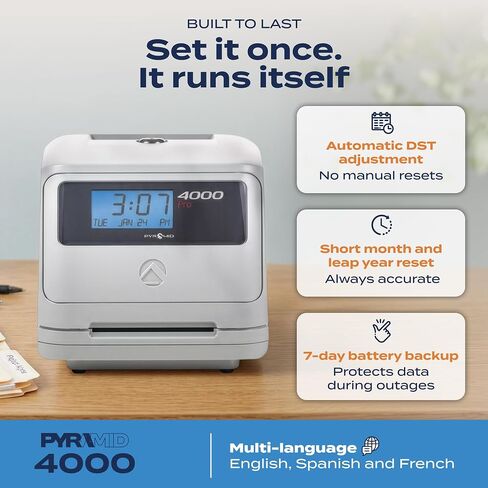 Pyramid Time Systems Model 4000 Auto Totaling Time Clock, 50 Employees, Includes 25 time Cards, Ribbon, 2 Security Keys and User Guide, Made in USA, Silver, "7.25""h x 7""w x 6.75"" d" in Kuwait