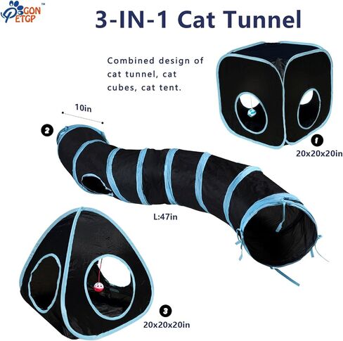 GONPETGP Cat Tunnels for Indoor Cats with Cube Tent Toys Combo, Pop Up Collapsible Crinkle Interactive Peek Hole, Cat Tube with Play Ball and Bell for Kitten, Puppy, Kitty, Rabbit - Set of 3 in Kuwait