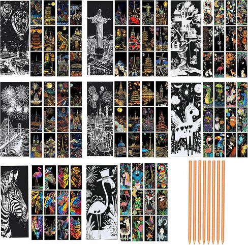 Pixnest 96 Pcs 8 Styles Scratch Paper Art, Scratch Bookmarks Craft Kits Rainbow Scratch Paper Art Sets for Adults, Engraving Game Party Favors DIY Bookmarks Bulk with Scratching Tools in Kuwait