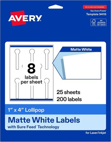 ملصقات Avery Matte White Lollipop مع تغذية مؤكدة، 1 بوصة × 4 بوصة، 200 ملصق أبيض، طباعة إلى الحافة، لاصق ملصق دائم، ملصقات قابلة للطباعة بالليزر/النافثة للحبر in Kuwait