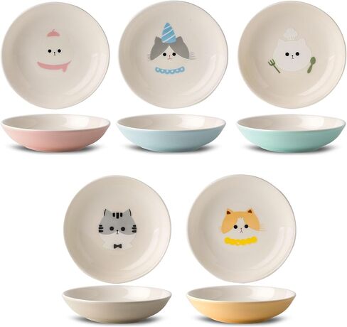 Ceramic Cat Bowls Set - 5.7 inch Wide Cat Food Bowls Whisker Fatigue Friendly, 5 Colorful Kitten Dish Plates with Cute Pattern for Wet and Dry Food Water in Saudi Arabia