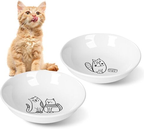 2pcs Wide Shallow Cat Bowls, 8.5oz, 5.7 inch Indoor Ceramic Cats Dish, Cute in Kuwait
