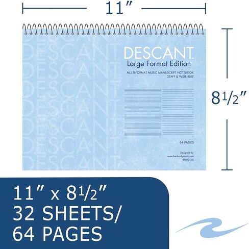ROARING SPRING Descant Spiral Music Notebook, Unique Staff & Wide Ruled Multi-Format Manuscript, 11" x 8.5" 64 Pages, Top Bound, Heavy 20lb White Paper in Kuwait
