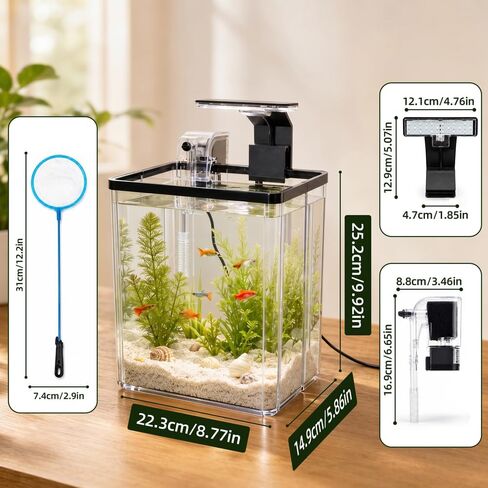 1.5 Gallon Aquarium Small Fish Tank Starter Kit with Filtration & LED Light & Fishing Net for Betta Shrimp Guppy Goldfish Aquatic Plants in Saudi Arabia