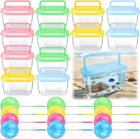 24 Pcs Plastic Fish Bowls with Ventilated Lids and Fishing Net Bulk Sets in Saudi Arabia