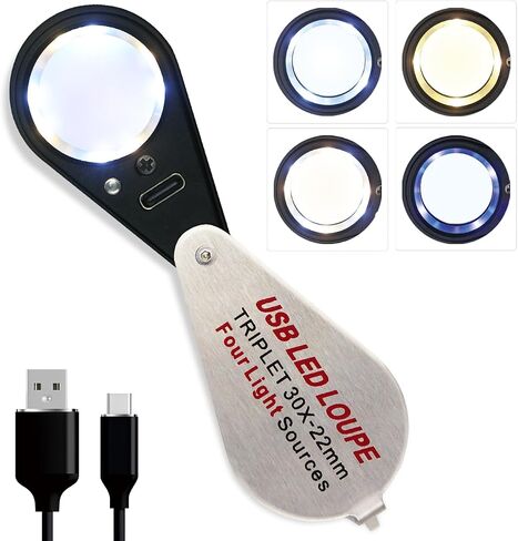 Full Metal 30X Illuminated Jewelry Loop Magnifier with Four Lighting Modes, Pocket Folding Jewelers Eye Loupe 22mm Triplet Hand Lens Magnifying Glass for Gems Watches Coins Stamps Antiques (Black) in Saudi Arabia