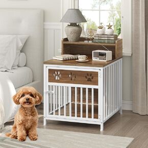 YATINEY Dog Crate Furniture, Wooden Dog Kennel with Storage, Indoor Pet Crate End Table, Two-Tier Small Dogs House, Chew-Proof, for Living Room, Bedroom, White and Walnut DC01WH in Kuwait
