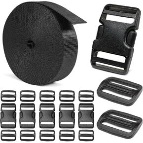 BEYOURD Buckles Strap 1 Inch: Nylon Webbing Straps 6 Yards, Quick Side Release Plastic Buckle Dual Adjustable 6 Pack, Tri-Glide Slide Clip 12 PCS, Metal D Rings 6 PCS, Heavy Duty, Black in Saudi Arabia