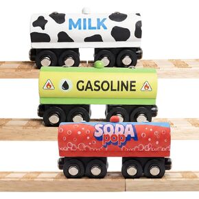 3 PC Wooden Tanker Train Cars - Set of Three Wood Tanker Trains with Magnets - Compatible with All Wooden Railway Train Sets in Saudi Arabia
