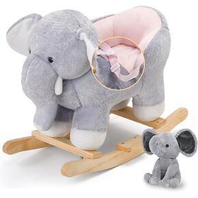 Baby Rocking Horse Wooden Rockers with Seat Elephant Rocking Horse Ride Plush Stuffed Animals Toy -Set of 2, Boy Girl Kids Ride on Toys for 10 Months to 3 Years Old, 25" Lx10 Wx16 H, Gray in Saudi Arabia