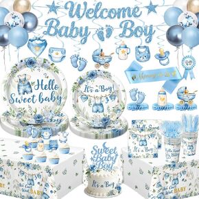 Blue Baby Boy Shower Decorations - Plates, Napkins, Cups, Cutlery, Honeycomb Centerpieces, Banner, Hanging Swirls, Tablecloths, Toppers, Sash, Balloons for Jean Boy Baby Shower Decorations, Serves 20 in Kuwait