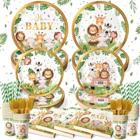 300Pcs Woodland Baby Shower Party Supplies - Serves 50 Guests, Safari Jungle Animal Party Decorations Include Plates and Napkins, Cups, Straws, Forks in Kuwait