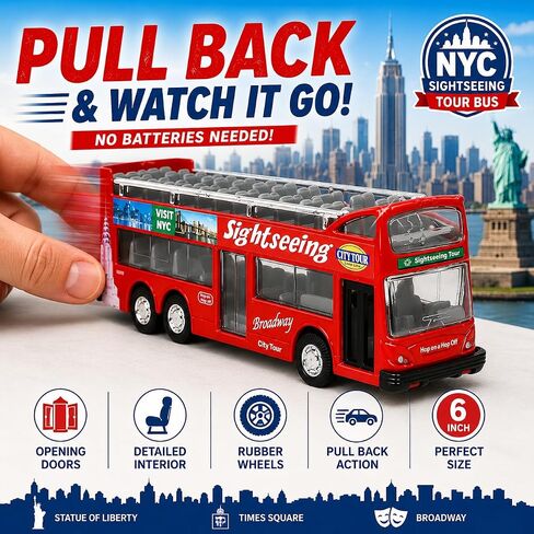 NYC Sightseeing Tour Bus, New York City Double Decker, Diecast Toy Double Decker Tourist Open Top Pull Back Model Vehicle Souvenir Gift (NYC Tour) in Kuwait