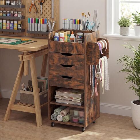 Giantex Craft Storage Cart - Utility Organizer Cart with 3 Drawers, 3 Shelves, 3 Slotted Compartments, 2 Rolling Rods, Crafting Sewing Cabinet on Wheels for Wrapping Paper Scrapbook Ribbon (White) in Kuwait