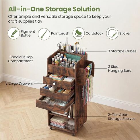 Giantex Craft Storage Cart - Utility Organizer Cart with 3 Drawers, 3 Shelves, 3 Slotted Compartments, 2 Rolling Rods, Crafting Sewing Cabinet on Wheels for Wrapping Paper Scrapbook Ribbon (White) in Kuwait