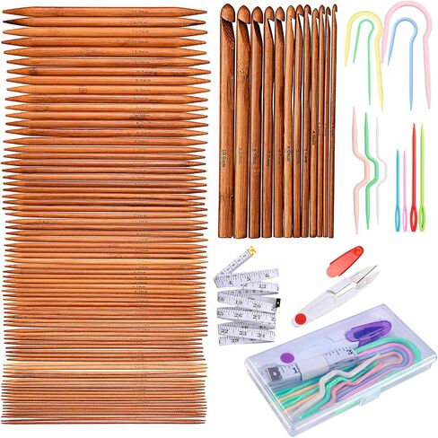 Knitting Needles Set, Exquiss 75PCS Bamboo Double Pointed Knitting Needles (7.9'' Length), 12pcs Crochet Hooks Set (6.1'' Length), Crochet Kits are Included, 12 Sizes: 2mm-10mm, 15 Sizes: 3mm-10mm in Kuwait