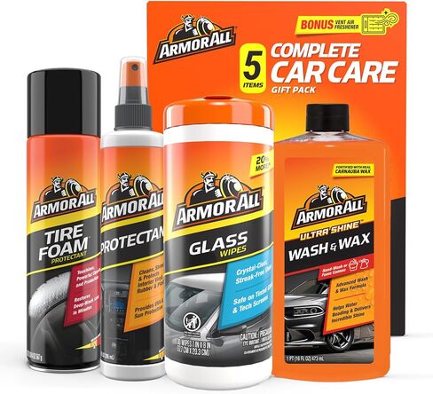 Armor All Car Wash and Car Interior Cleaner Kit, Includes Towel, Tire Foam, Glass Spray, Protectant Spray and Cleaning Spray, Multicolor, 5 Count (Pack of 1) in Kuwait