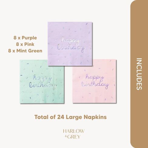 Harlow & Grey Sprinkles - Happy Birthday Napkins, 24 Napkin, Multi-Color Pack, Birthday, Kids Party, Baby’s Birthday - Disposable Paper Napkins (Pastel) in Kuwait