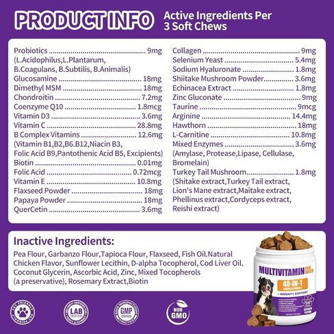 40 in 1 Dog Vitamins and Supplements 200Ct Dog Multivitamin Chewable, Immunity Support Multivitamin Vitamins with Turkey Tail Mushroom, Skin & Coat, Mobility, Gut & Heart Health, Hip & Joint Support in Saudi Arabia