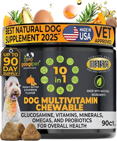 Googipet Premium Dog متعدد الفيتامينات قابل للمضغ، فيتامينات ومكملات للكلاب، فيتامينات الجراء والبروبيوتيك للكلاب الكبيرة لصحة الأمعاء + فيتامين C، الجلوكوزامين لدعم مفاصل الكلاب (نكهة الدجاج) in Kuwait