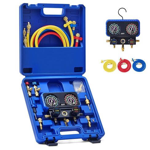 OMT R410a Gauges, AC Manifold Gauge Set for R410a Refrigerant, 3 Way AC Gauges R410a Manifold Set with R410a R22 Safety Valves, 3 Hoses, R410a Adapters, Universal Can Tap, AC Recharge Kit in Saudi Arabia