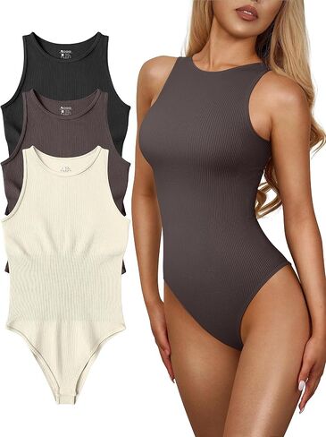 OQQ Women's 3 Piece Bodysuits Sexy Ribbed One Piece Sleeveless Halter Neck Bodysuits in Kuwait