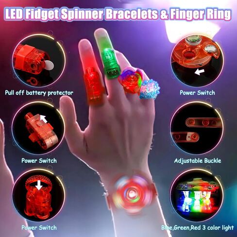 MIBOTE 83 قطعة من ألعاب إضاءة LED للحفلات تتوهج في الظلام لوازم الحفلات للأطفال والكبار في عيد الهالوين مع 50 مصباح إصبع، 8 حلقات جيلي، 5 نظارات وامضة، 5 أساور، 5 مصابيح شعر من الألياف الضوئية in Kuwait
