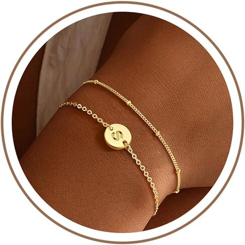 Gold Initial Bracelets for Women Girls, Dainty 14K Gold Filled Layered Beaded Letter Initial Bracelet Personalized 26 Alphabet Disc Monogram Charm Bracelet Jewelry Gifts for Girls in Kuwait