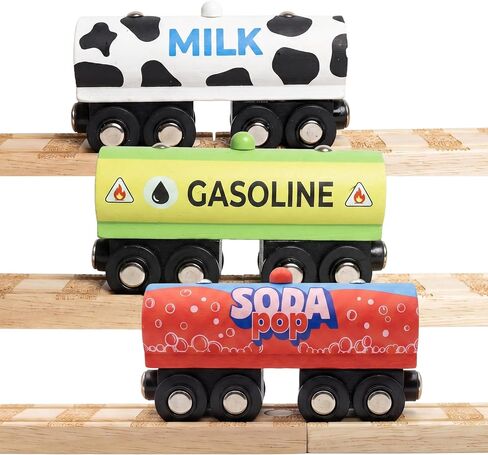 3 PC Wooden Tanker Train Cars - Set of Three Wood Tanker Trains with Magnets - Compatible with All Wooden Railway Train Sets in Saudi Arabia
