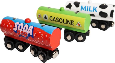 3 PC Wooden Tanker Train Cars - Set of Three Wood Tanker Trains with Magnets - Compatible with All Wooden Railway Train Sets in Saudi Arabia
