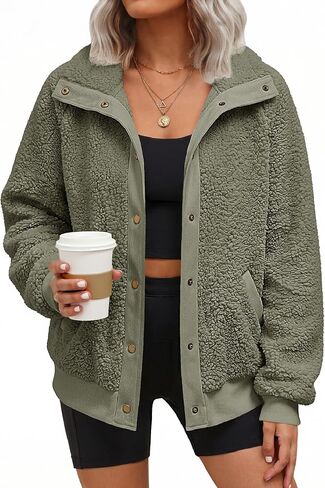 MEROKEETY Womens Winter Long Sleeve Button Sherpa Jacket Coat Pockets Warm Fleece in Kuwait