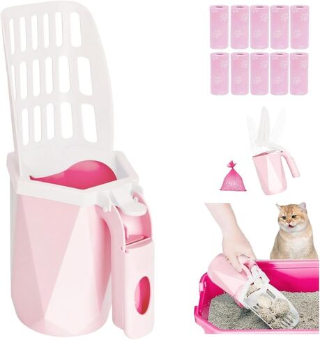 Cat Litter Scooper with Holder, 150 Poop Bags & Built-in Storage Box (Pink) in Kuwait
