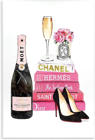 لوحة فنية جدارية من Stupell Industries Glam Pink Fashion Book ذات الكعب الشامبانيا والزهور، صُنعت بفخر في الولايات المتحدة الأمريكية in Kuwait