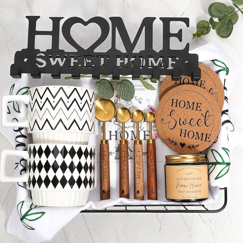 Housewarming Gift Basket for New Home | 13 Pcs Kitchen Essentials Set with Ceramic Mugs, Measuring Spoons, Storage Basket | New Home Gift Ideas | Closing Gifts for Couples & Families in Kuwait