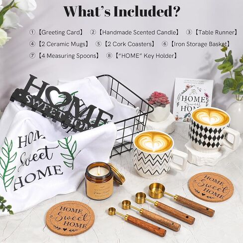 Housewarming Gift Basket for New Home | 13 Pcs Kitchen Essentials Set with Ceramic Mugs, Measuring Spoons, Storage Basket | New Home Gift Ideas | Closing Gifts for Couples & Families in Kuwait