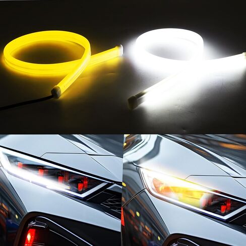 Dual Color Waterproof Flexible Adhesive Daytime Running Lights DRL Switchback Glow Light Strip Headlight Decorative Lamp for Car - White/Amber (60CM 24inch 2Pcs) in Kuwait
